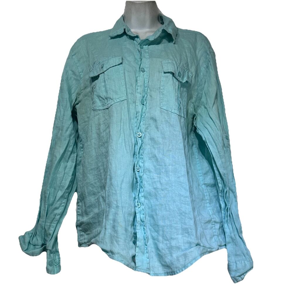 Bruno New York Men Shirt Linen Rolled Tab Sleeves M Beach Preppy Casual Pockets